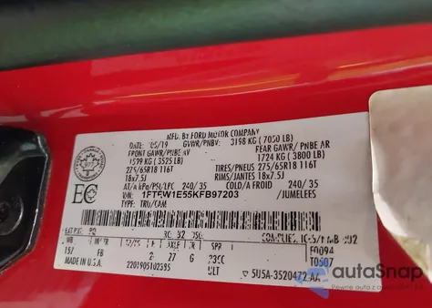 2019 Ford F150 Xlt из США, поврежденный, VIN 1FTFW1E55KFB97203